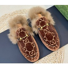 Gucci Wool Fur 2015 Re-Edition women's Princetown Slipper with Horsebit 397749 Jumbo GG Velvet Brown 01 2023