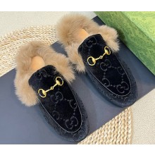Gucci Wool Fur 2015 Re-Edition women's Princetown Slipper with Horsebit 397749 Jumbo GG Velvet Black 01 2023