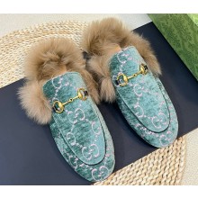 Gucci Wool Fur 2015 Re-Edition women's Princetown Slipper with Horsebit 397749 Jumbo GG Velvet Green 2023