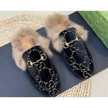 Gucci Wool Fur 2015 Re-Edition women's Princetown Slipper with Horsebit 397749 Jumbo GG Velvet Black 02 2023