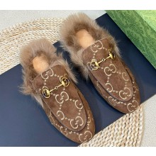 Gucci Wool Fur 2015 Re-Edition women's Princetown Slipper with Horsebit 397749 Jumbo GG Velvet Brown 02 2023