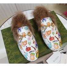 Gucci Wool Fur 2015 Re-Edition women's Princetown Slipper with Horsebit 397749 Leather Print White 2023