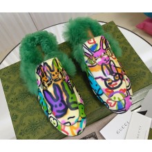 Gucci Wool Fur 2015 Re-Edition women's Princetown Slipper with Horsebit 397749 Leather Print Green 2023