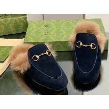 Gucci Wool Fur 2015 Re-Edition women's Princetown Slipper with Horsebit 397749 Suede Dark Blue 2023