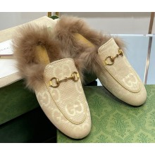 Gucci Wool Fur 2015 Re-Edition women's Princetown Slipper with Horsebit 397749 Jumbo GG Canvas Beige 2023