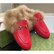 Gucci Wool Fur 2015 Re-Edition women's Princetown Slipper with Horsebit 397749 Leather Red 2023
