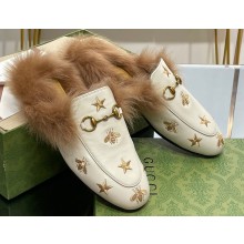 Gucci Wool Fur 2015 Re-Edition women's Princetown Slipper with Horsebit 397749 Leather Gold Bee and Star White 2023