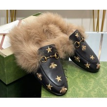 Gucci Wool Fur 2015 Re-Edition women's Princetown Slipper with Horsebit 397749 ,Leather Gold Bee and Star Black 2023