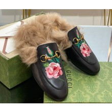 Gucci Wool Fur 2015 Re-Edition women's Princetown Slipper with Horsebit 397749 Leather Flower Black 2023