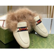 Gucci Wool Fur 2015 Re-Edition women's Princetown Slipper with Horsebit 397749 Leather Web White 2023