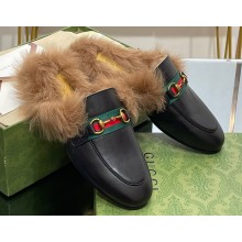Gucci Wool Fur 2015 Re-Edition women's Princetown Slipper with Horsebit 397749 Leather Web Black 2023