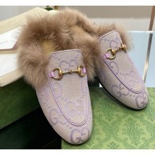 Gucci Wool Fur 2015 Re-Edition women's Princetown Slipper with Horsebit 397749 Jumbo GG Canvas Lilac 2023