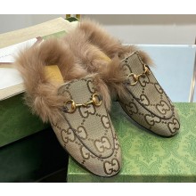 Gucci Wool Fur 2015 Re-Edition women's Princetown Slipper with Horsebit 397749 Jumbo GG Canvas Camel 2023