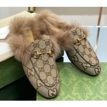 Gucci Wool Fur 2015 Re-Edition women's Princetown Slipper with Horsebit 397749 GG Canvas Camel 2023