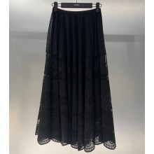 Dior Flared Mid-Length Skirt in Black Technical Cotton Lace with D-Lace Butterfly Motif 2023