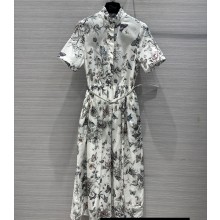 Dior Flared Mid-Length Dress in White and Pastel Pink Cotton Voile with Toile de Jouy Mexico Motif 2023