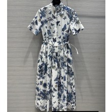 Dior Flared Mid-Length Dress in White and Pastel Midnight Blue Cotton Voile with Toile de Jouy Mexico Motif 2023