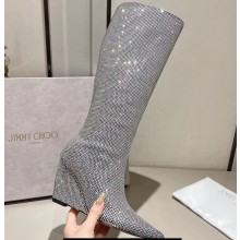 Jimmy Choo Blake Wedge Knee-High Boots with Honeybomb Crystals in Suede Silver 2023