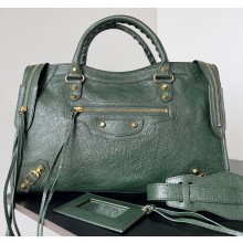 Balenciaga Classic City Large Handbag in Arena Lambskin Dark Green/Gold