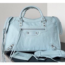 Balenciaga Classic City Large Handbag in Arena Lambskin Baby Blue/Silver