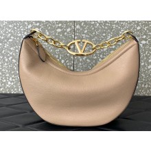 Valentino Small Vlogo Moon Hobo Bag In Leather Nude With Chain 2023