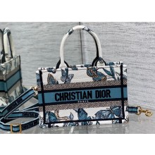 Dior Mini Dior Book Tote Bag with Strap in White and Pastel Midnight Blue Toile de Jouy Mexico Embroidery