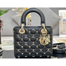 Dior Small Lady Dior Bag in Black Cannage Lambskin with Gold-Finish Butterfly Studs