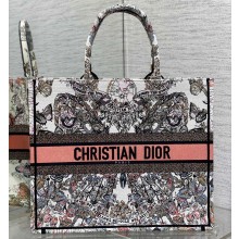 Dior Large Book Tote Bag in White and Pastel Pink Butterfly Around The World Embroidery