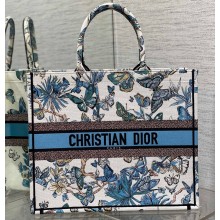 Dior Large Book Tote Bag in White and Pastel Midnight Blue Toile de Jouy Mexico Embroidery