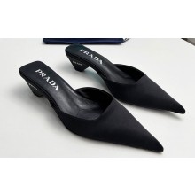 Prada Heel 4cm Satin Pointed Toe Mules Black Spring 2024