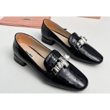 Miu Miu loafers Croco Pattern Black with metal chain and artificial crystal ornament 2024