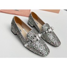 Miu Miu Glitter fabric loafers Silver 01 with metal chain and artificial crystal ornament 2024