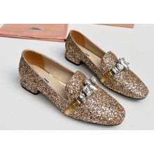Miu Miu Glitter fabric loafers Gold 01 with metal chain and artificial crystal ornament 2024
