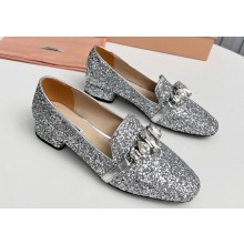 Miu Miu Glitter fabric loafers Silver 02 with metal chain and artificial crystal ornament 2024