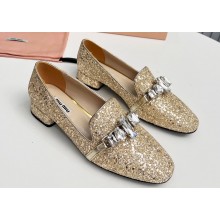 Miu Miu Glitter fabric loafers Gold 02 with metal chain and artificial crystal ornament 2024