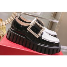 Roger Vivier Viv’ Go-Thick Strass Buckle Loafers in Patent Leather White/Black 2024