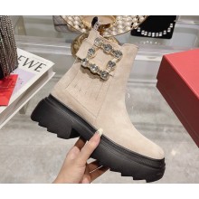 Roger Vivier Wallaviv Strass Buckle Chelsea Ankle Boots in Suede Leather Beige 2024