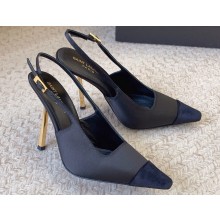 Saint Laurent Heel 11cm ines slingback pumps in satin 7691039 Black 2024
