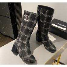 Chanel Heel 6.5cm CC Logo High Boots Tweed Check Gray 2024