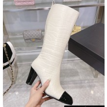 Chanel Heel 7.5cm Croco Pattern and Patent Calfskin High Boots White/Black 2024