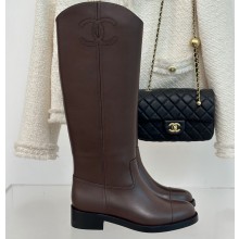 Chanel Heel 3cm CC Logo Calfskin Rider High Boots Coffee 2024