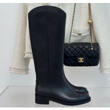 Chanel Heel 3cm CC Logo Calfskin Rider High Boots Black 2024