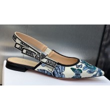 Dior J'Adior Slingback Ballerina Flats in Pastel Midnight Blue Multicolor Embroidered Cotton with Toile de Jouy Mexico Motif 2024