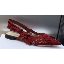 Dior J'Adior Slingback Ballerina Flats in Transparent Mesh Embroidered with Red 3D Macramé-Effect D-Lace Motif 2024