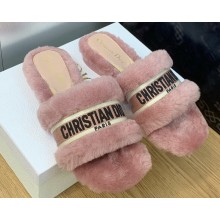 Dior Dway Flat Slide Sandals in Pink Shearling Fur and Embroidered Canvas 2024
