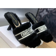 Dior Heel 8cm Dway Slide Sandals in Black Shearling Fur and Embroidered Canvas 2024
