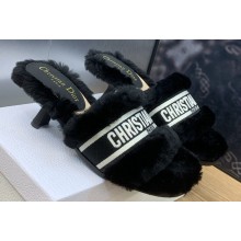 Dior Heel 6.5cm Dway Slide Sandals in Black Shearling Fur and Embroidered Canvas 2024