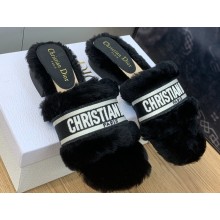 Dior Dway Flat Slide Sandals in Black Shearling Fur and Embroidered Canvas 2024