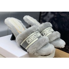 Dior Heel 8cm Dway Slide Sandals in Gray Shearling Fur and Embroidered Canvas 2024