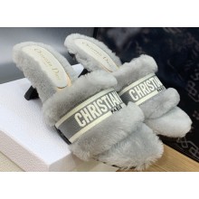 Dior Heel 6.5cm Dway Slide Sandals in Gray Shearling Fur and Embroidered Canvas 2024